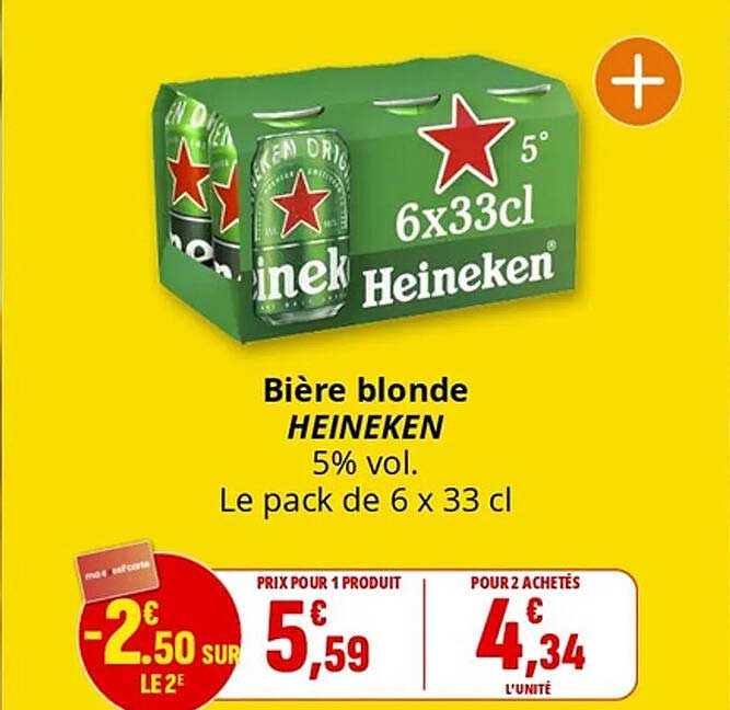 Bière blonde HEINEKEN 5% vol. Le pack de 6 x 33 cl