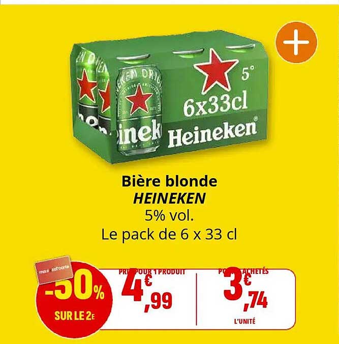 Bière blonde HEINEKEN 5% vol. Le pack de 6 x 33 cl