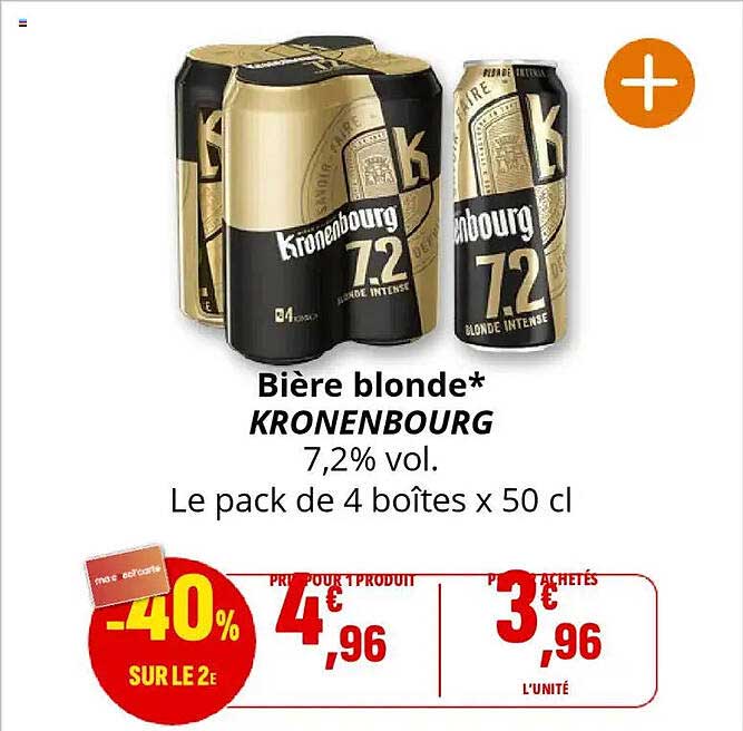 Bière blonde* KRONENBOURG 7,2% vol. Le pack de 4 boîtes x 50 cl