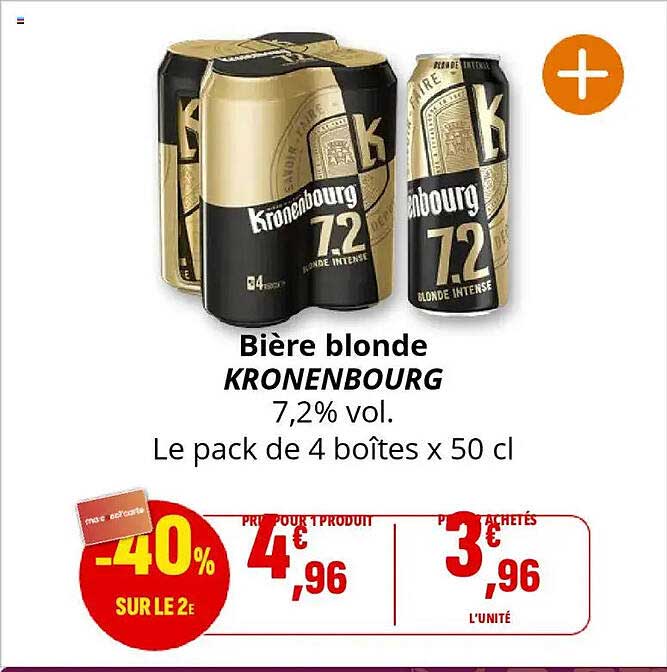 Bière blonde KRONENBOURG 7,2% vol. Le pack de 4 boîtes x 50 cl