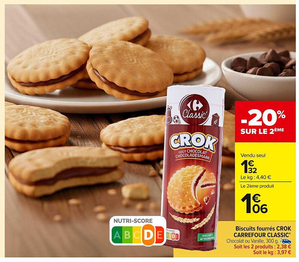 Biscuits fourrés CROK CARREFOUR CLASSIC’ Chocolat ou Vanille, 300 g