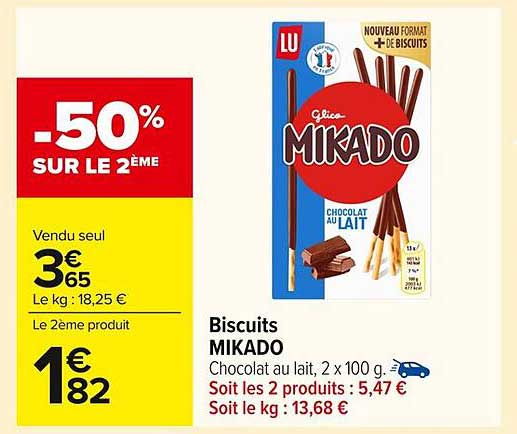 Biscuits MIKADO Chocolat au lait, 2 x 100 g