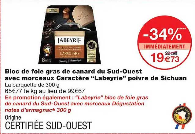 Bloc de foie gras de canard du Sud-Ouest avec morceaux Caractère "Labeyrie" poivre de Sichuan