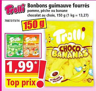 Bonbons guimauve fourrés pomme, pêche ou banane chocolat au choix, 150 g