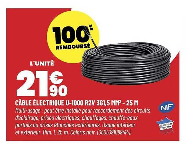 CÂBLE ÉLECTRIQUE U-1000 R2V 3G1,5 MM² - 25 M