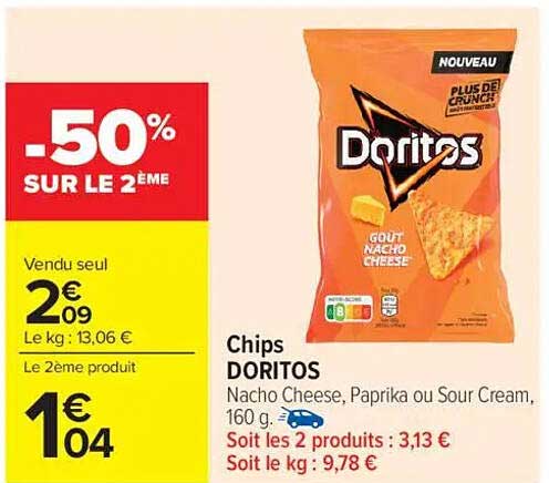 Chips DORITOS Nacho Cheese, Paprika ou Sour Cream, 160 g.