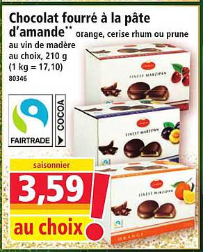 Chocolat fourré à la pâte d’amande** au vin de madère au choix, 210 g