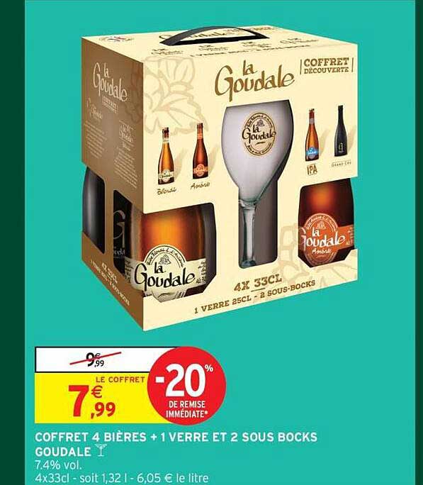 COFFRET 4 BIÈRES + 1 VERRE ET 2 SOUS BOCKS GOUDALE