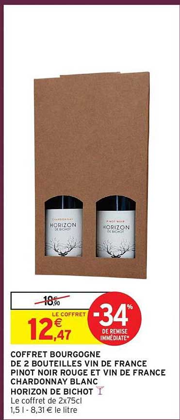 Coffret Bourgogne de 2 bouteilles Vin de France Pinot Noir Rouge et Vin de France Chardonnay Blanc Horizon de Bichot