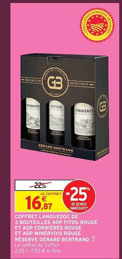 COFFRET LANGUEDOC DE 3 BOUTEILLES AOP FITOU ROUGE ET AOP CORBIÈRES ROUGE ET AOP MINERVOIS ROUGE RÉSERVE GÉRARD BERTRAND
