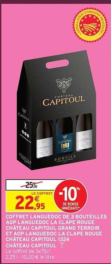 Coffret Languedoc de 3 bouteilles AOP Languedoc La Clape Rouge Château Capitoul Grand Terroir et AOP Languedoc La Clape Rouge Château Capitoul 1324 Château Capitoul