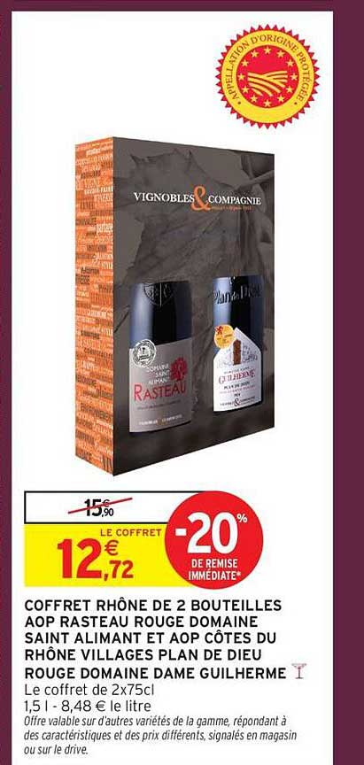 COFFRET RHÔNE DE 2 BOUTEILLES AOP RASTEAU ROUGE DOMAINE SAINT ALIMANT ET AOP CÔTES DU RHÔNE VILLAGES PLAN DE DIEU ROUGE DOMAINE DAME GUILHERME