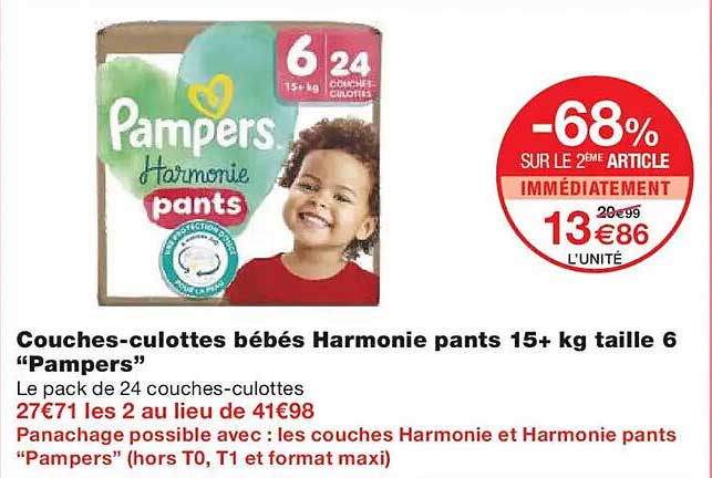 Couches-culottes bébés Harmonie pants 15+ kg taille 6 “Pampers”