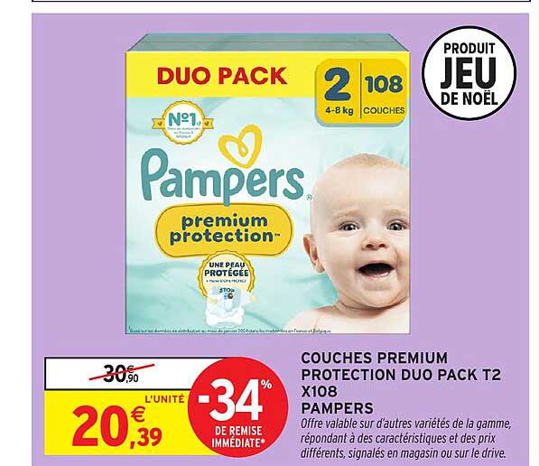 COUCHES PREMIUM PROTECTION DUO PACK T2 X108 PAMPERS