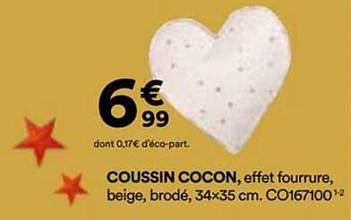 COUSSIN COCON, effet fourrure, beige, brodé, 34x35 cm.