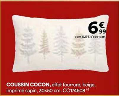 COUSSIN COCON, effet fourrure, beige, imprimé sapin, 30x50 cm.