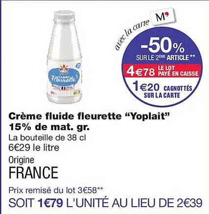 Crème fluide fleurette “Yoplait” 15% de mat. gr.