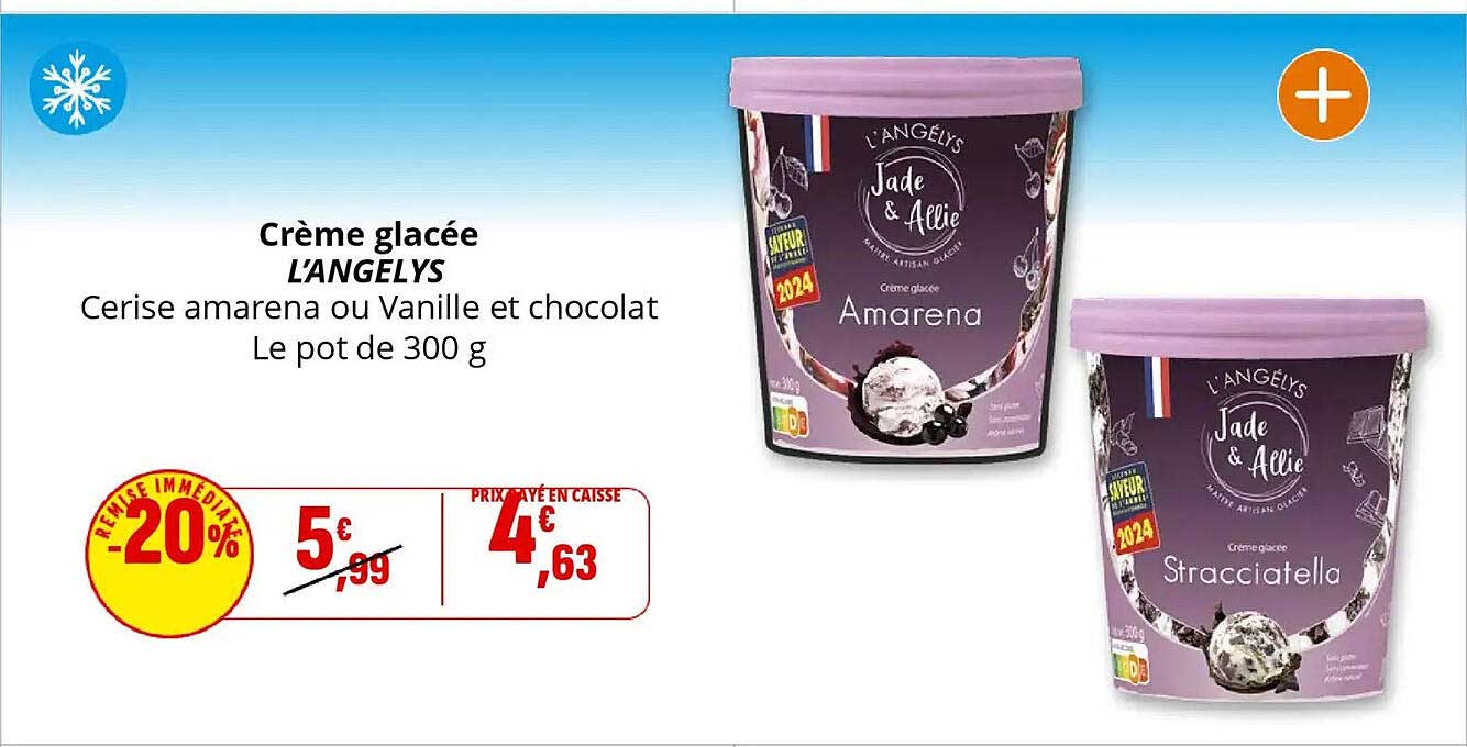 Crème glacée L'ANGELYS Cerise amarena ou Vanille et chocolat Le pot de 300 g