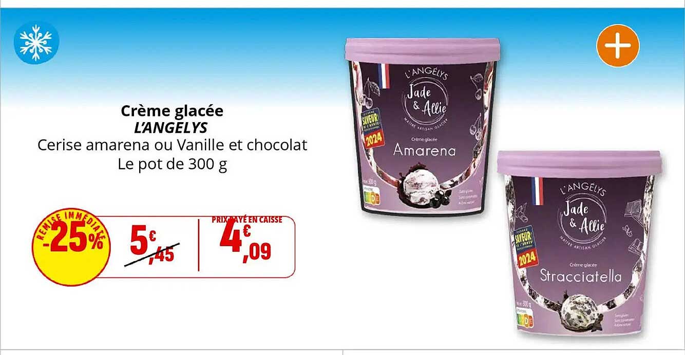 Crème glacée L'ANGELYS Cerise amarena ou Vanille et chocolat Le pot de 300 g