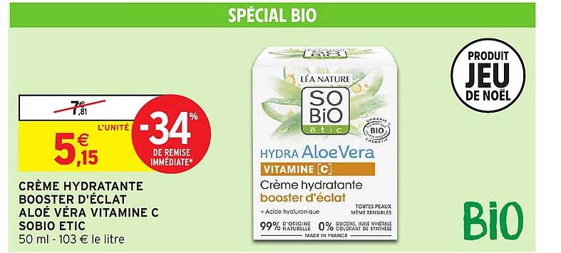 CRÈME HYDRATANTE BOOSTER D'ÉCLAT ALOE VERA VITAMINE C SOBIO ETIC