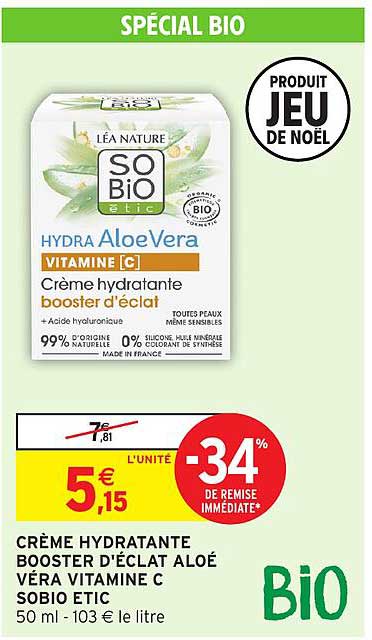 CRÈME HYDRATANTE BOOSTER D'ÉCLAT ALOÉ VÉRA VITAMINE C SOBIO ETIC