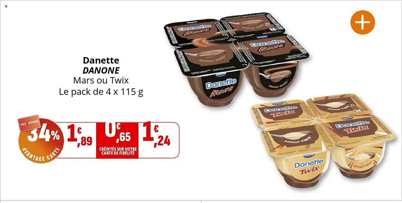 Danette DANONE Mars ou Twix Le pack de 4 x 115 g