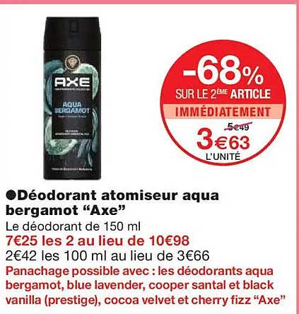 Déodorant atomiseur aqua bergamot “Axe”