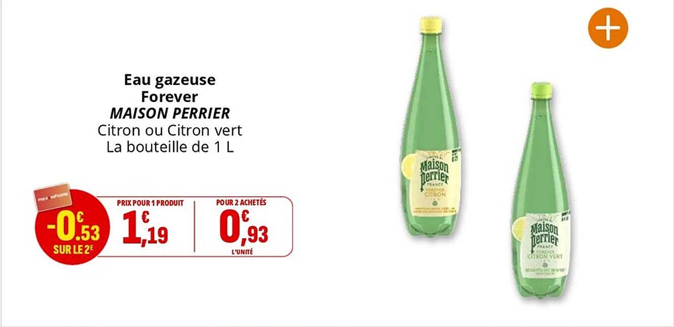 Eau gazeuse Forever MAISON PERRIER Citron ou Citron vert La bouteille de 1 L