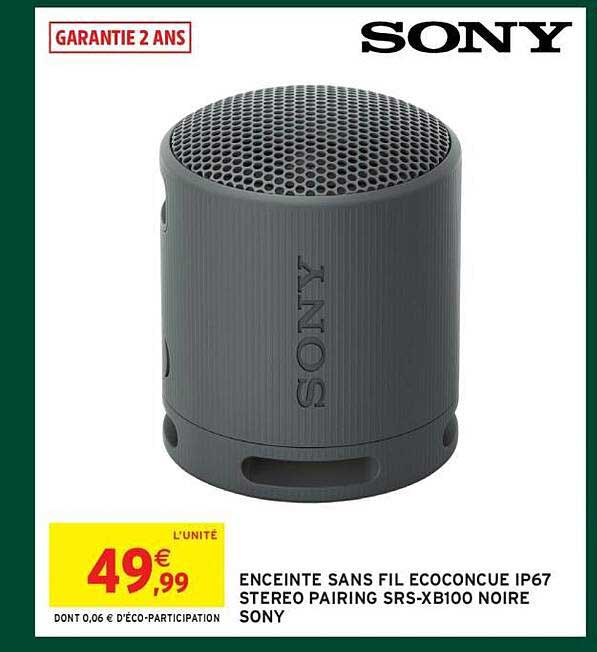 ENCEINTE SANS FIL ECOCONCU IP67 STEREO PAIRING SRS-XB100 NOIRE