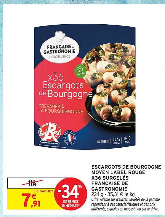 ESCARGOTS DE BOURGOGNE MOYEN LABEL ROUGE X36 SURGELÉS FRANÇAISE DE GASTRONOMIE