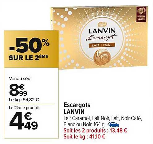 Escargots LANVIN - Lait Caramel, Lait Noir, Lait, Noir Café, Blanc ou Noir, 164 g