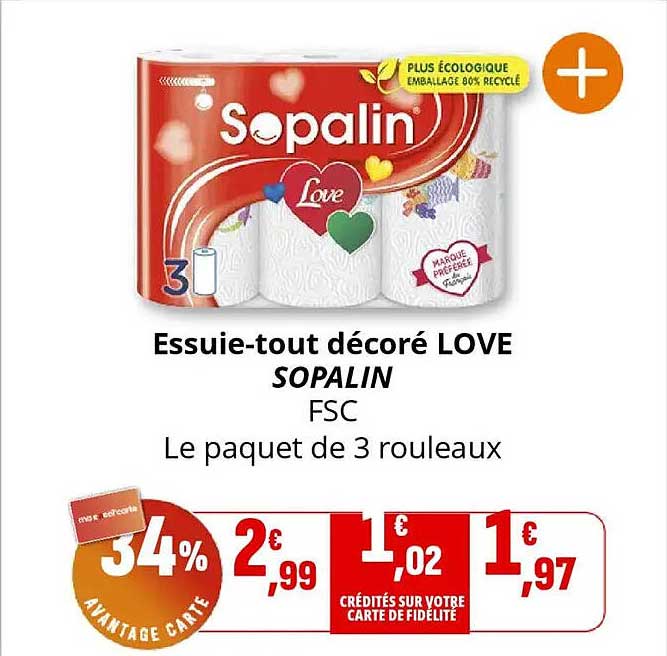 Essuie-tout décoré LOVE SOPALIN FSC Le paquet de 3 rouleaux