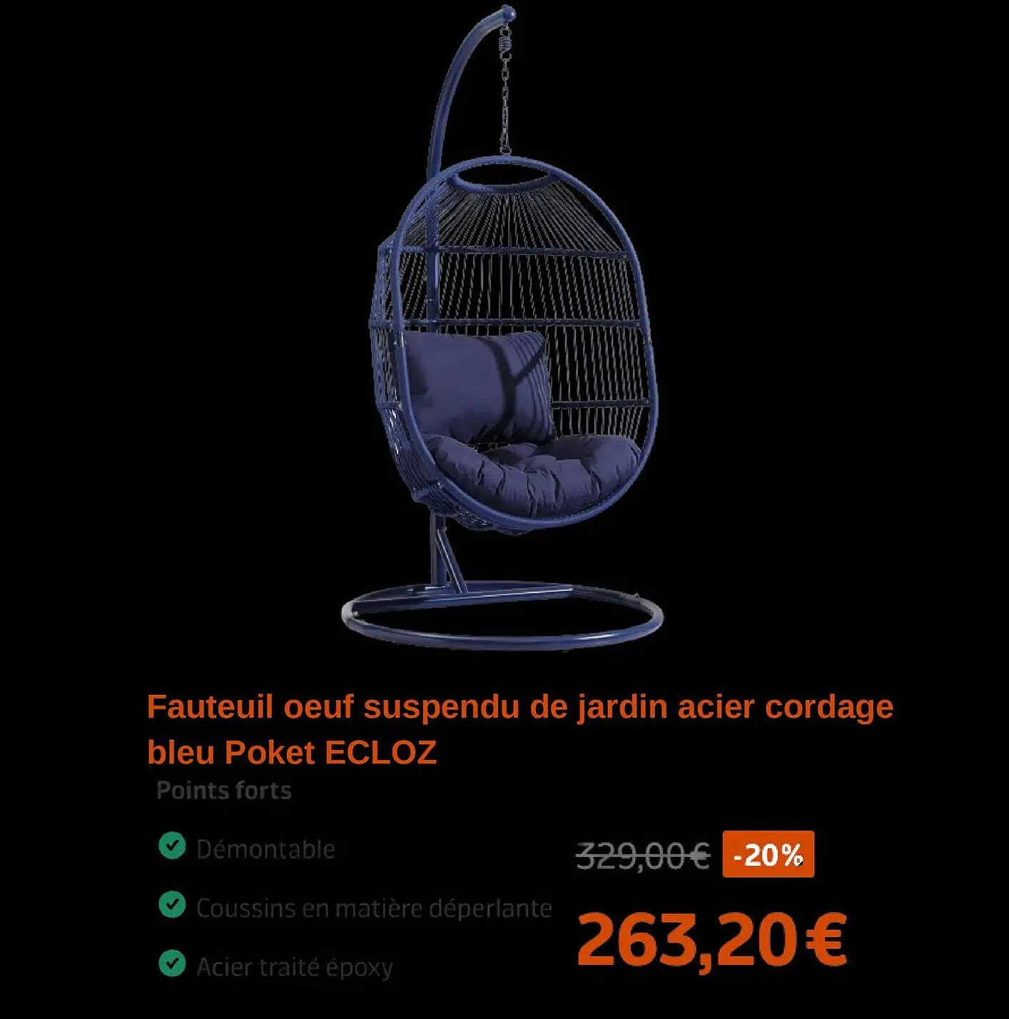 Fauteuil oeuf suspendu de jardin acier cordage bleu Poket ECLOZ