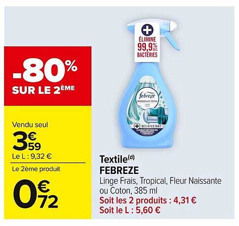 FEBREZE Textile Linge Frais, Tropical, Fleur Naissante ou Coton, 385 ml