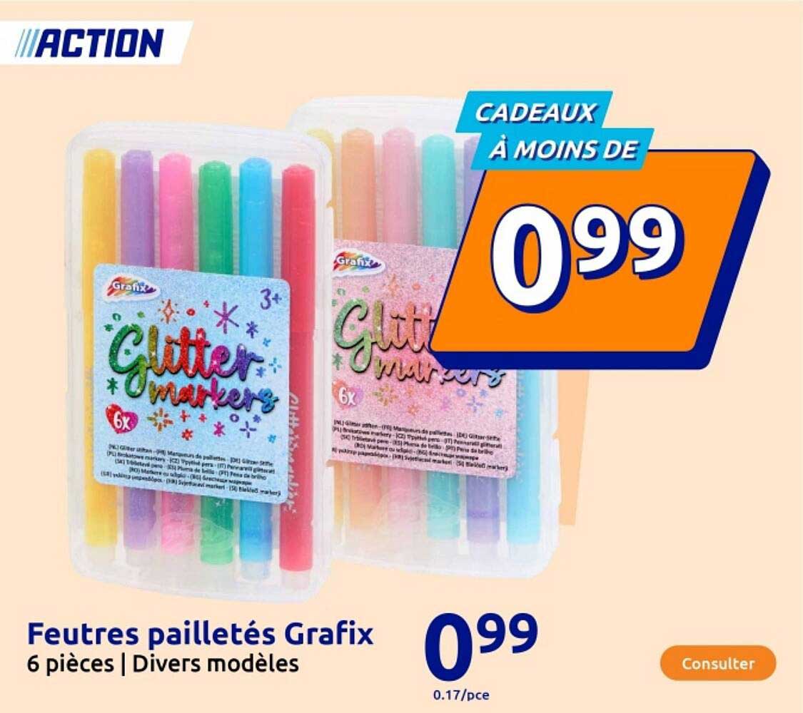 Feutres pailletés Grafix 6 pièces | Divers modèles
