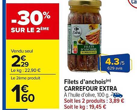 Filets d'anchois CARREFOUR EXTRA à l'huile d'olive, 100 g.