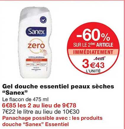 Gel douche essentiel peaux sèches "Sanex"