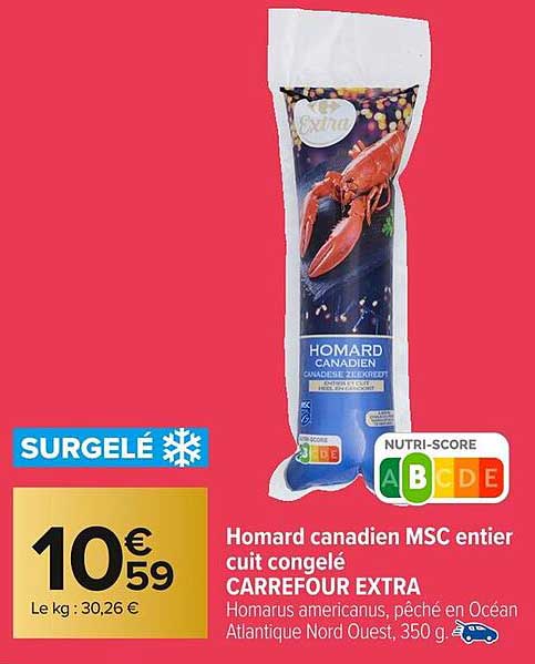 Homard canadien MSC entier cuit congelé CARREFOUR EXTRA