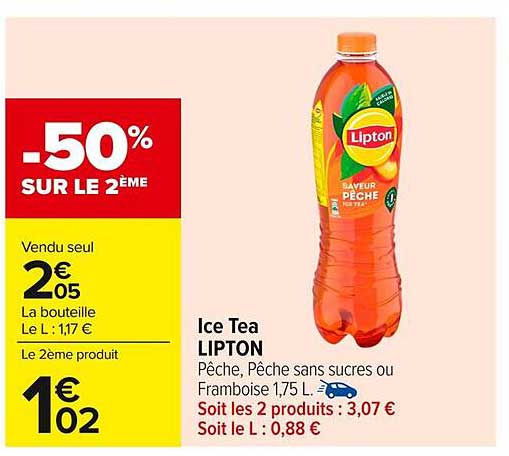Ice Tea LIPTON - Pêche, Pêche sans sucres ou Framboise 1,75 L
