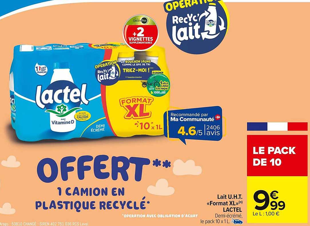 Lait U.H.T «Format XL» LACTEL, le Pack de 10