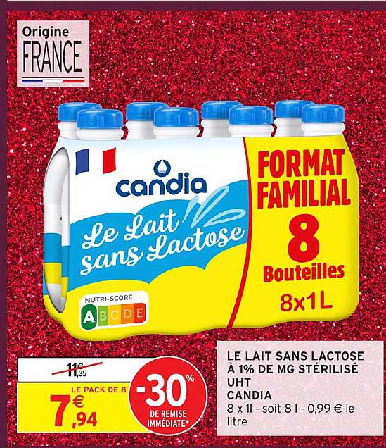LE LAIT SANS LACTOSE À 1% DE MG STÉRILISÉ UHT CANDIA