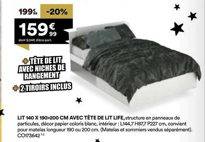 LIT 140 X 190>200 CM AVEC TÊTE DE LIT LIFE