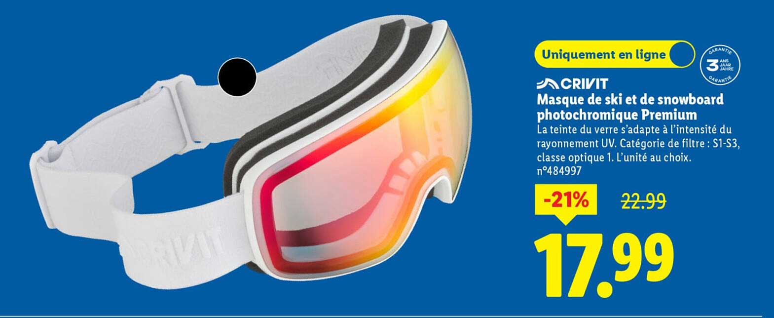 Masque de ski et de snowboard photochromique Premium