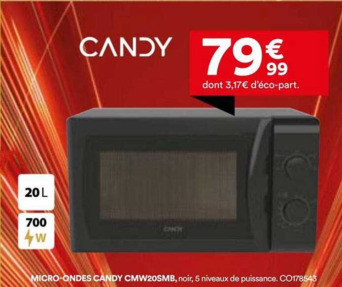 MICRO-ONDES CANDY CMW20SMB, noir, 5 niveaux de puissance.
