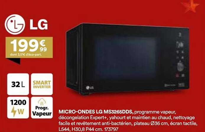MICRO-ONDES LG MS3265DDS, programme vapeur, décongelation Expert+, yahourt et maintien au chaud, nettoyage facile et revêtement anti-bactérien, plateau Ø36 cm, écran tactile, L544, H30,8 P44 cm.