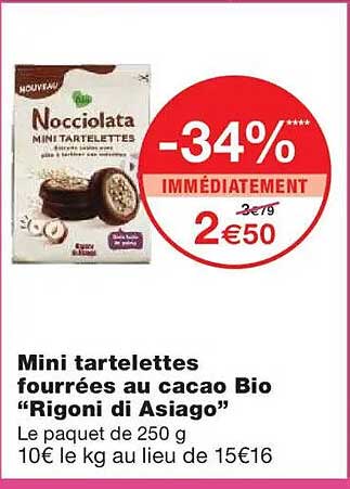 Mini tartelettes fourrées au cacao Bio "Rigoni di Asiago"