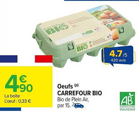 Œufs (p) CARREFOUR BIO Bio de Plein Air, par 15.