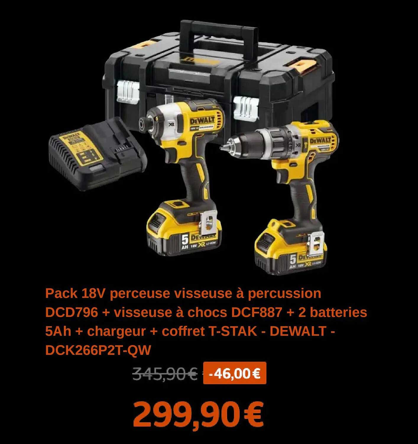 Pack 18V perceuse visseuse à percussion DCD796 + visseuse à chocs DCF887 + 2 batteries 5Ah + chargeur + coffret T-STAK - DEWALT - DCK266P2T-QW