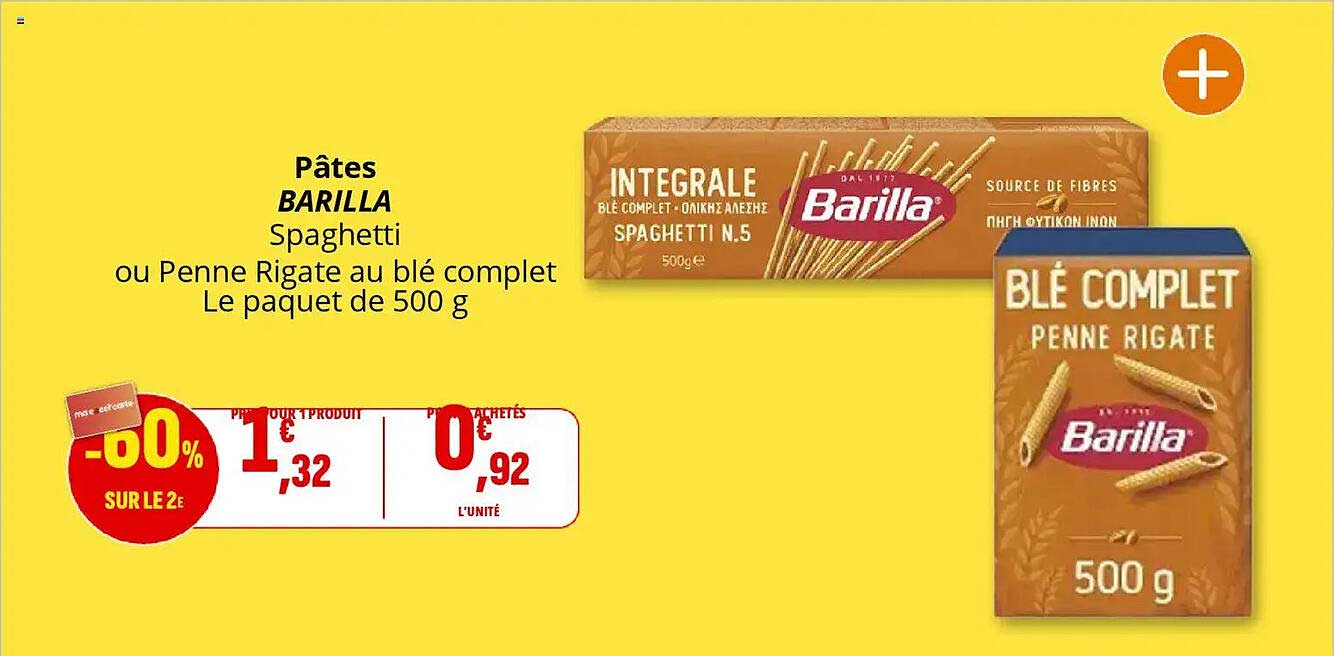 Pâtes BARILLA Spaghetti ou Penne Rigate au blé complet Le paquet de 500 g