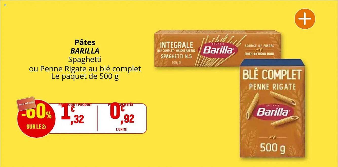 Pâtes BARILLA Spaghetti ou Penne Rigate au blé complet Le paquet de 500 g